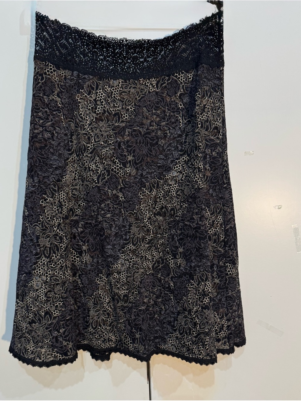 CAbi Black Floral and Abstract Lace Flare Skirt with Black Lace Waistband